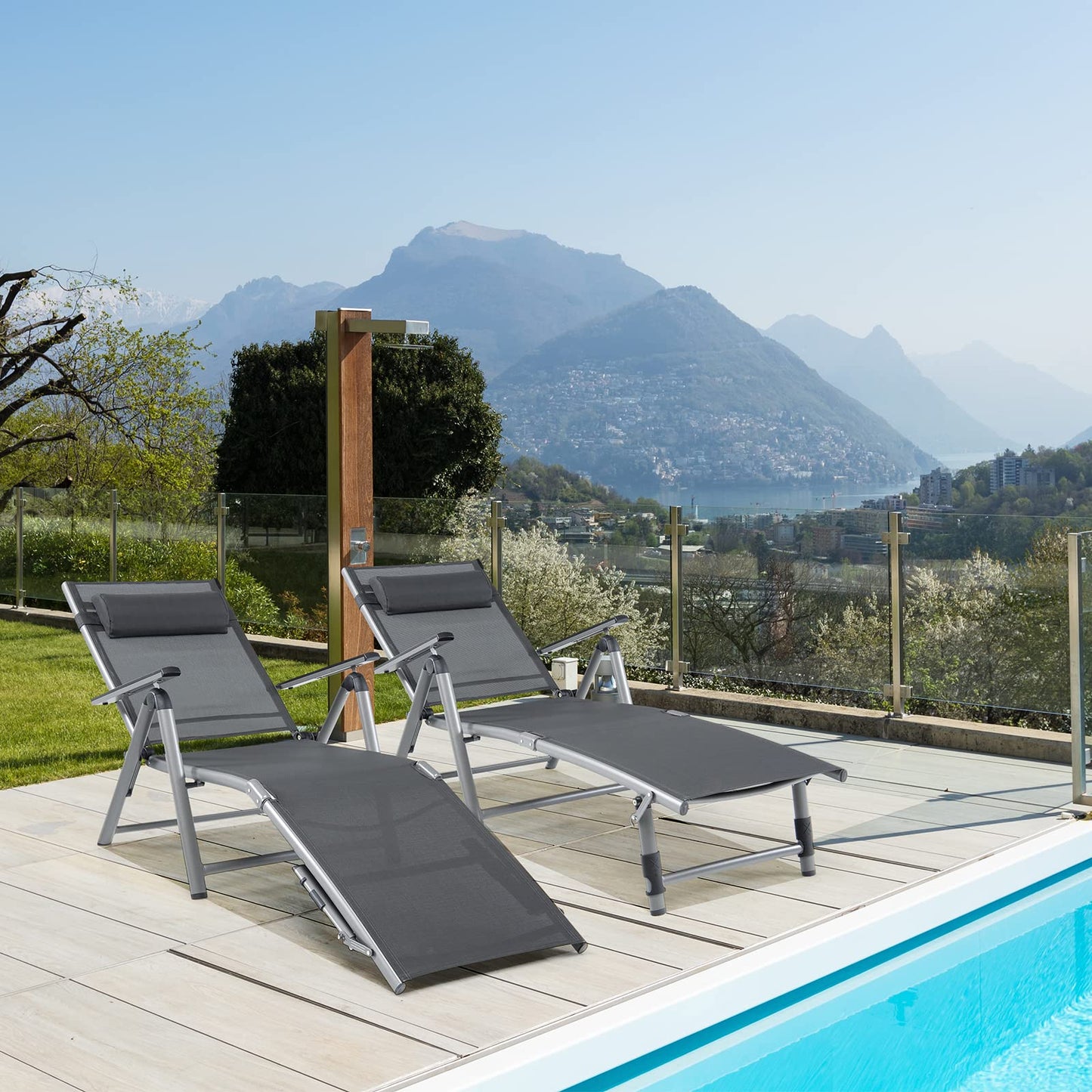 8 Positions Adjustable Garden Chaise Lounge Sunbed with 2-Level Foldable Legs and Pillow