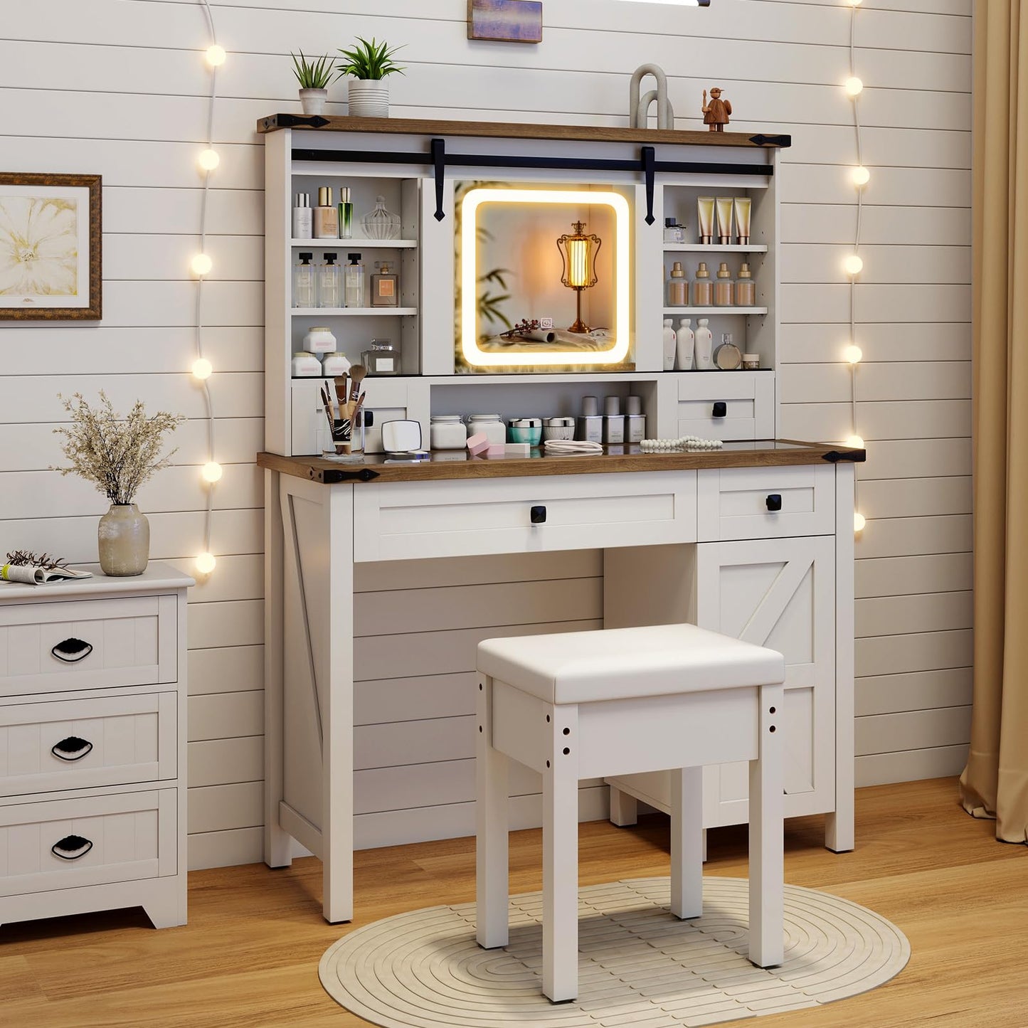 Makeup Vanity Desk and Stool Set with Sliding Mirror and Cabinet
