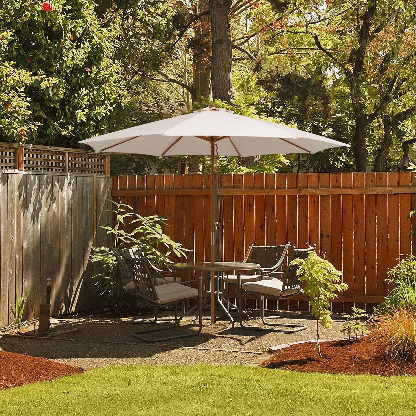 Pulley Operated Wood Patio Umbrella with 3 Gear Position and 8 Ribs