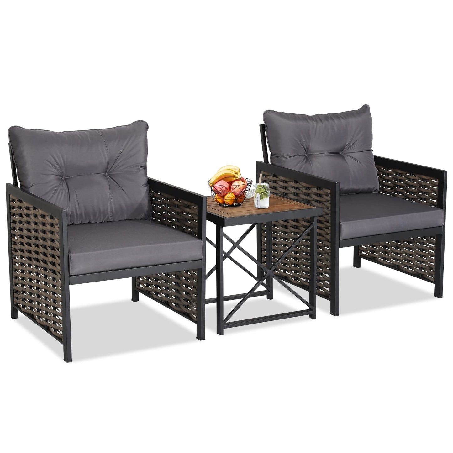 3-Piece Outdoor Coffee Table and Sofas with Acacia Wood Tabletop