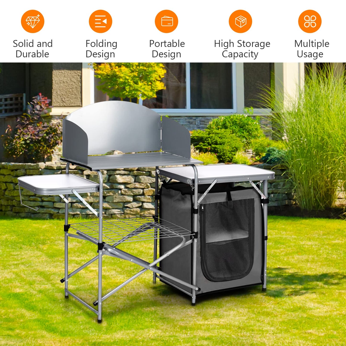 Outdoor Camping Table with Storage and Windscreen for BBQ