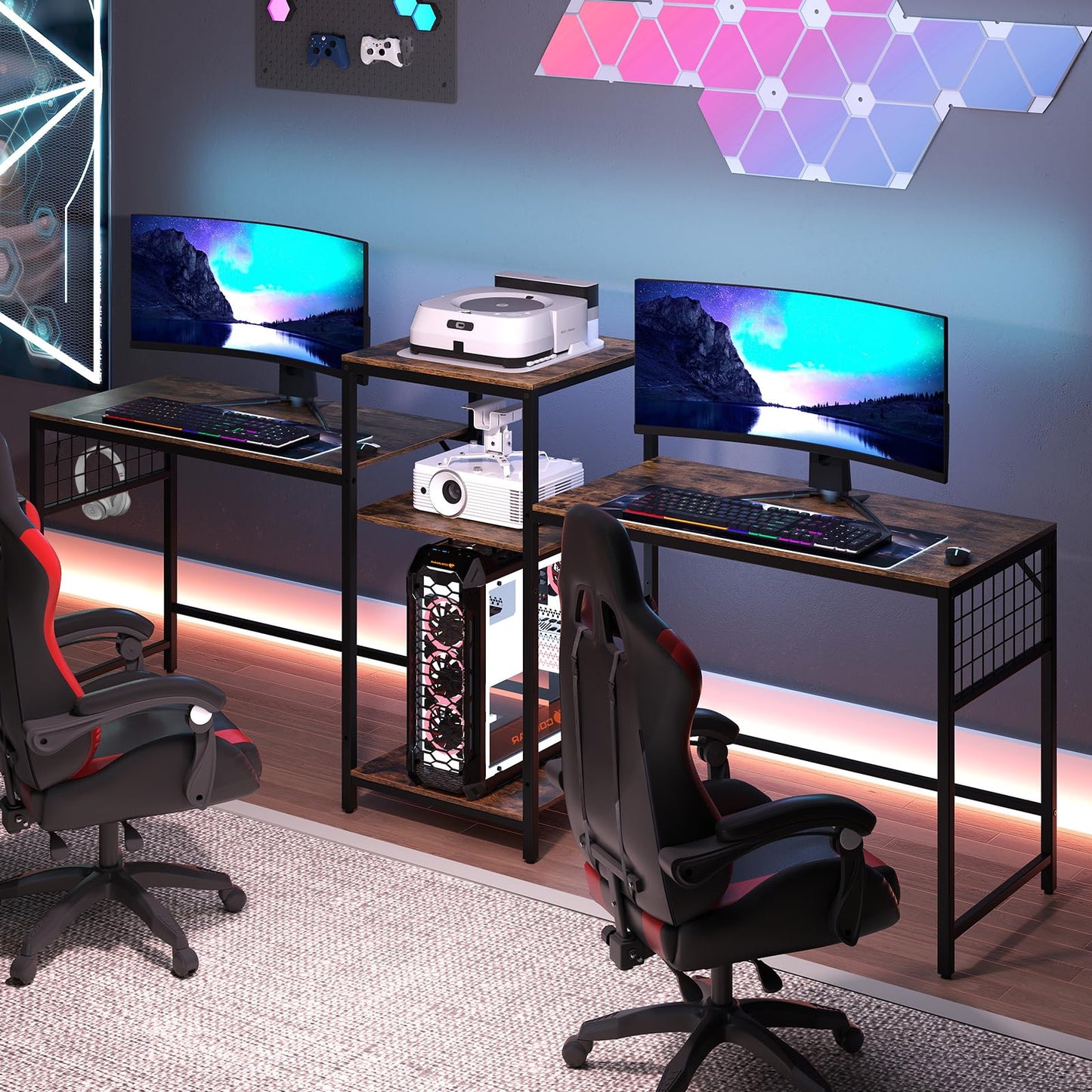 240 cm Long Convertible 2-Person Desk with Printer Stand and Adjustable Shelf