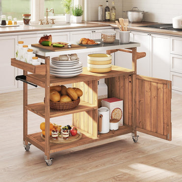 Wooden Grill Cart with Storage Outdoor Kitchen Island with Stainless Steel Top