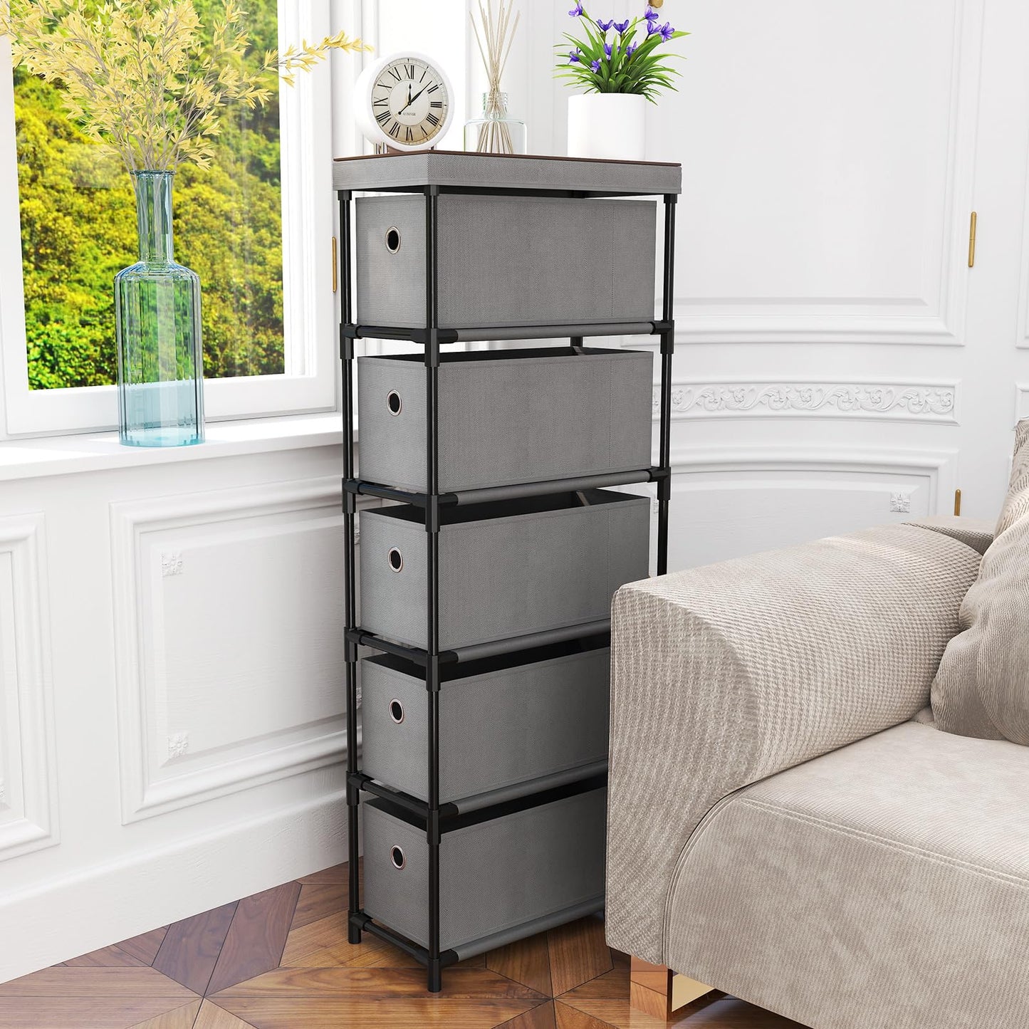 Narrow Dresser with 5 Drawers Slim Storage Tower with Metal Frame