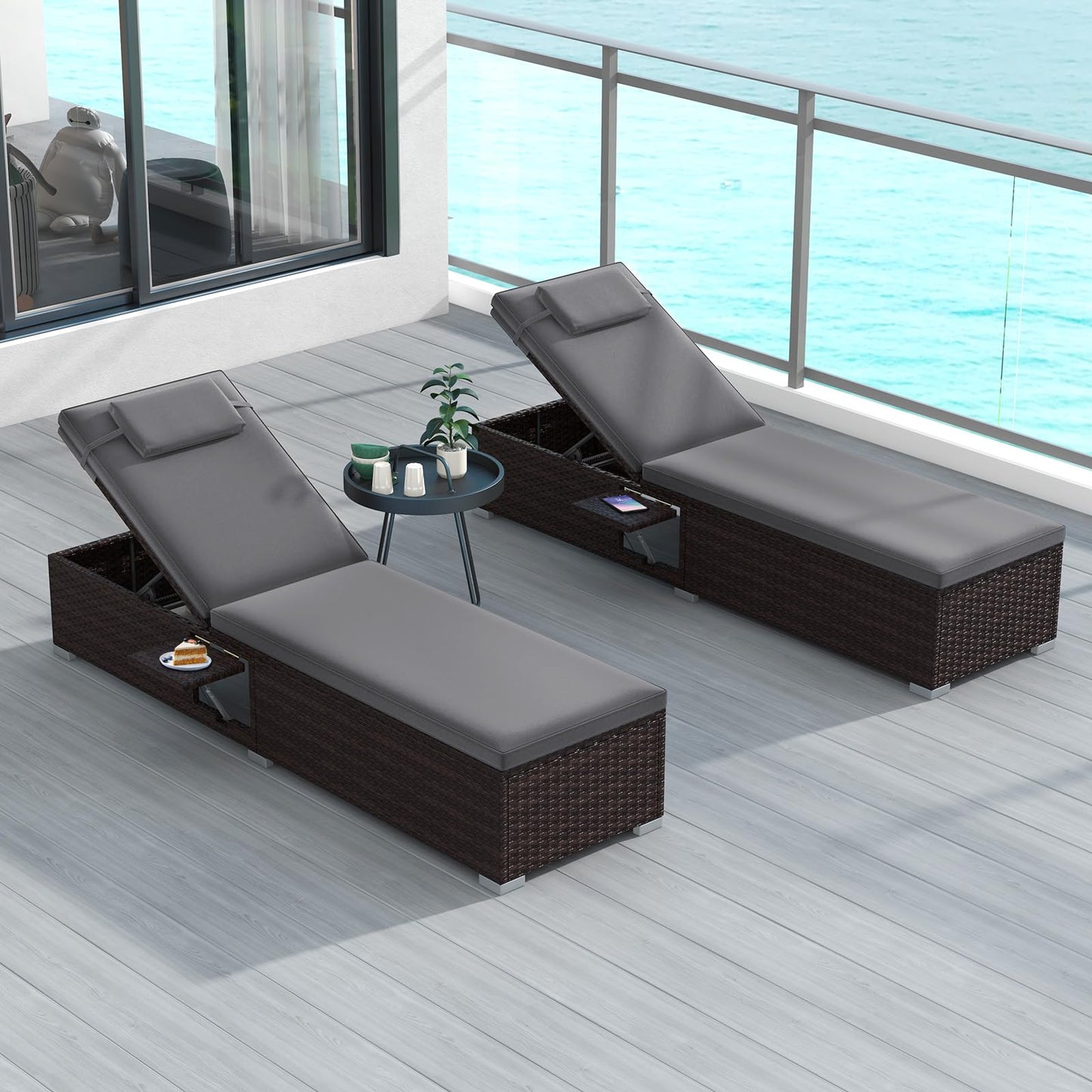 Outdoor PE Rattan Lounge Chair with 6 level Backrest and Comfy Seat Cushion