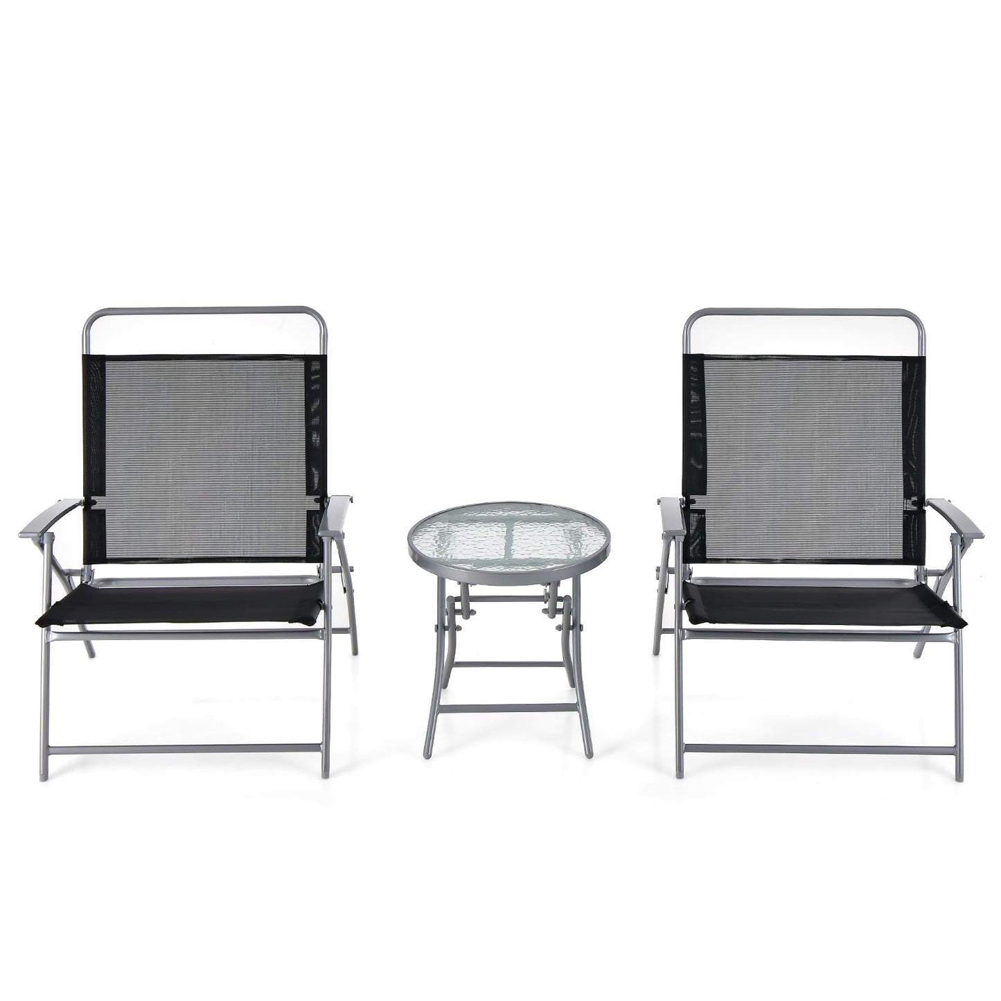 3PCS Garden Folding Chairs and Table Set with Ripple-like Glass Tabletop