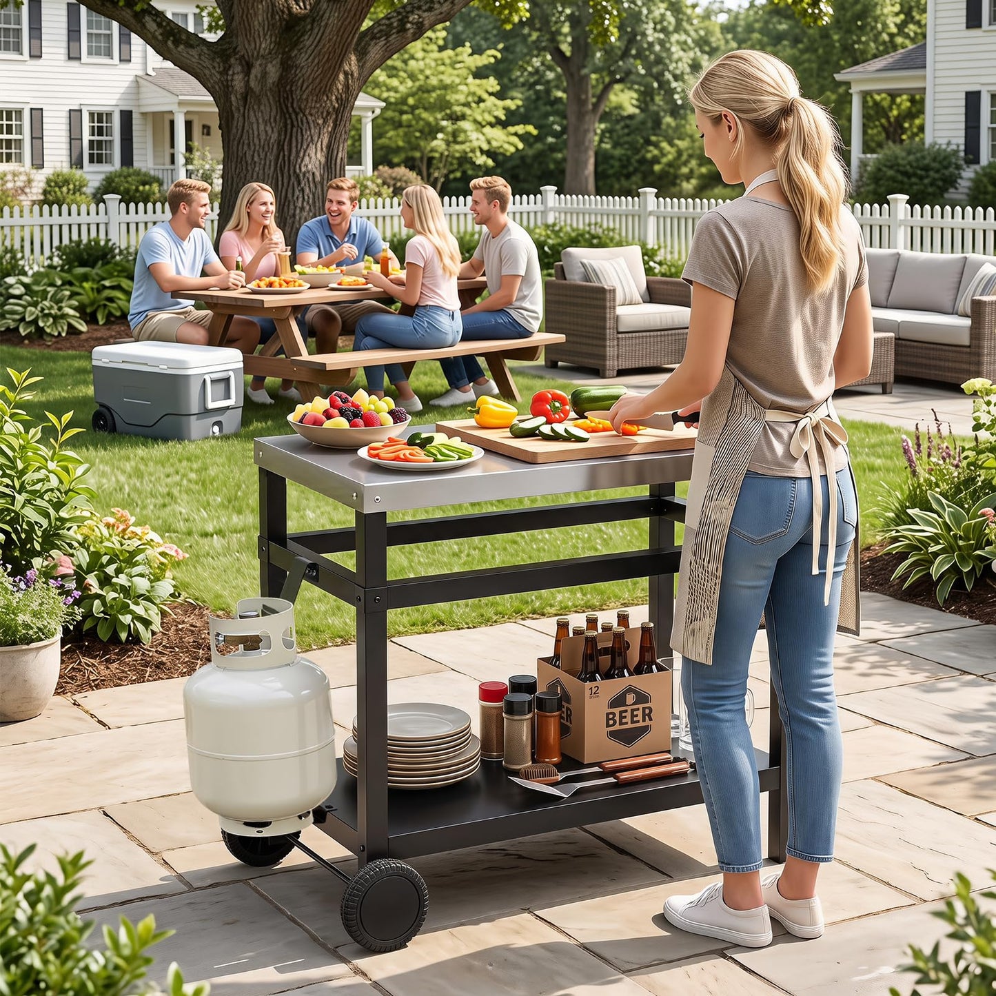 Outdoor Grill Dining Cart, Movable Pizza Oven Table Stand Trolley