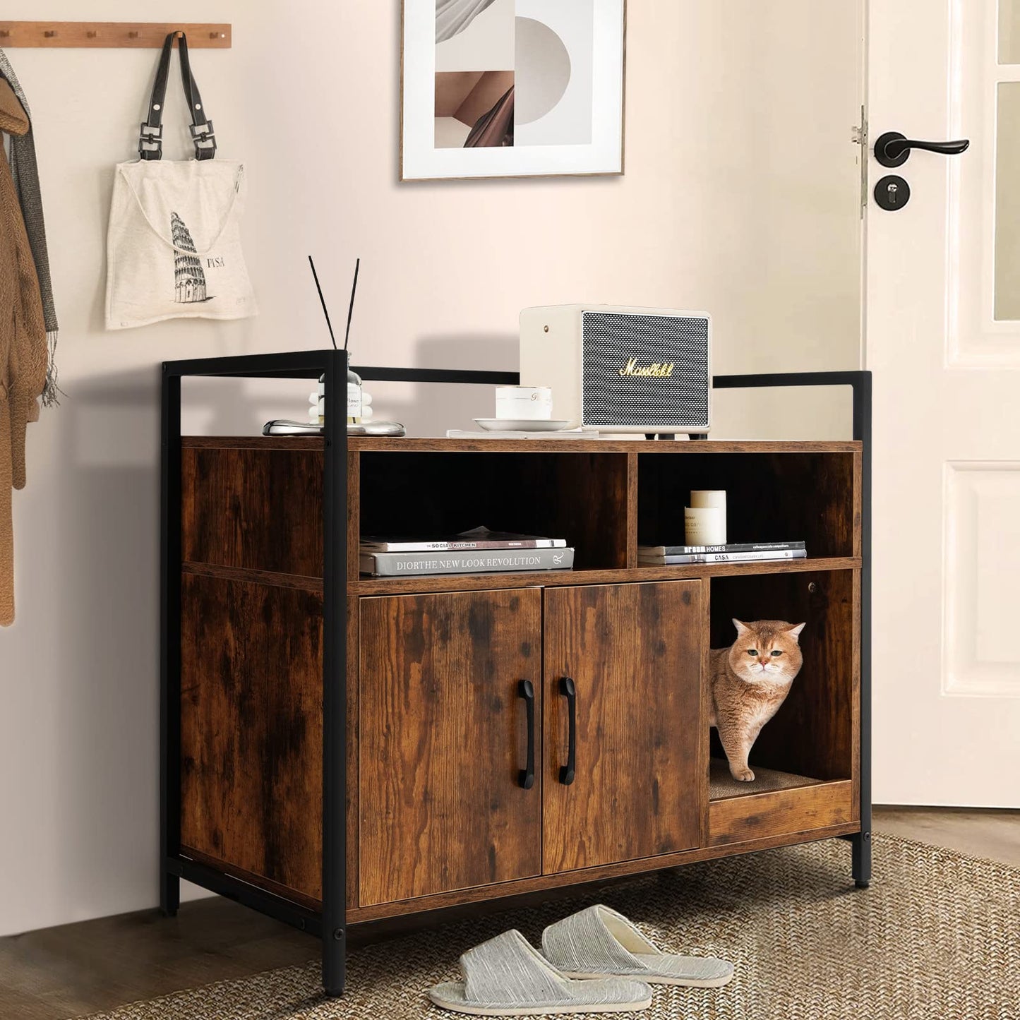 Wooden Cat Litter Box Enclosure with Compartments and Scratching Board