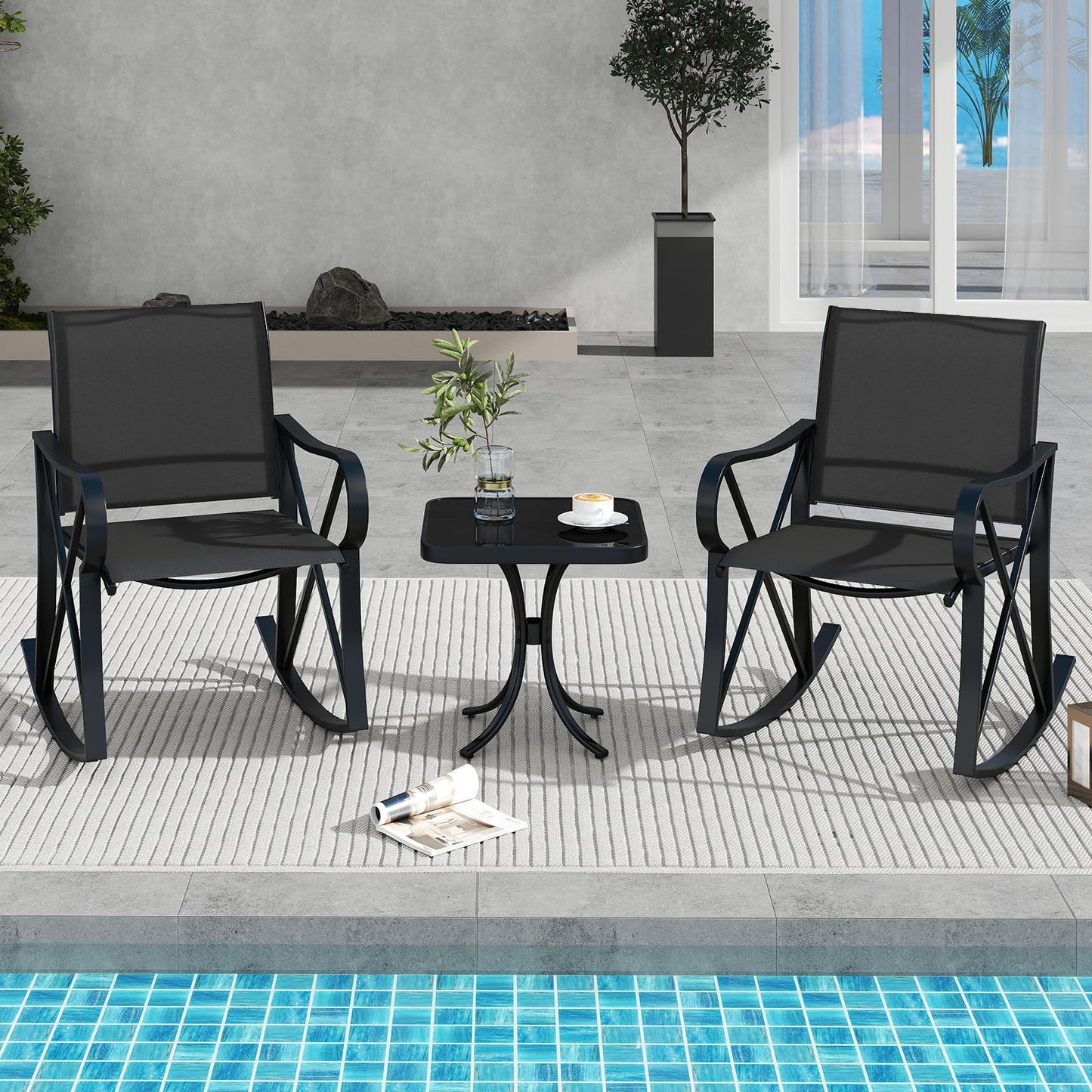 3-Piece Patio Metal Frame Rocking Bistro Set with Tempered Glass-Top Side Table