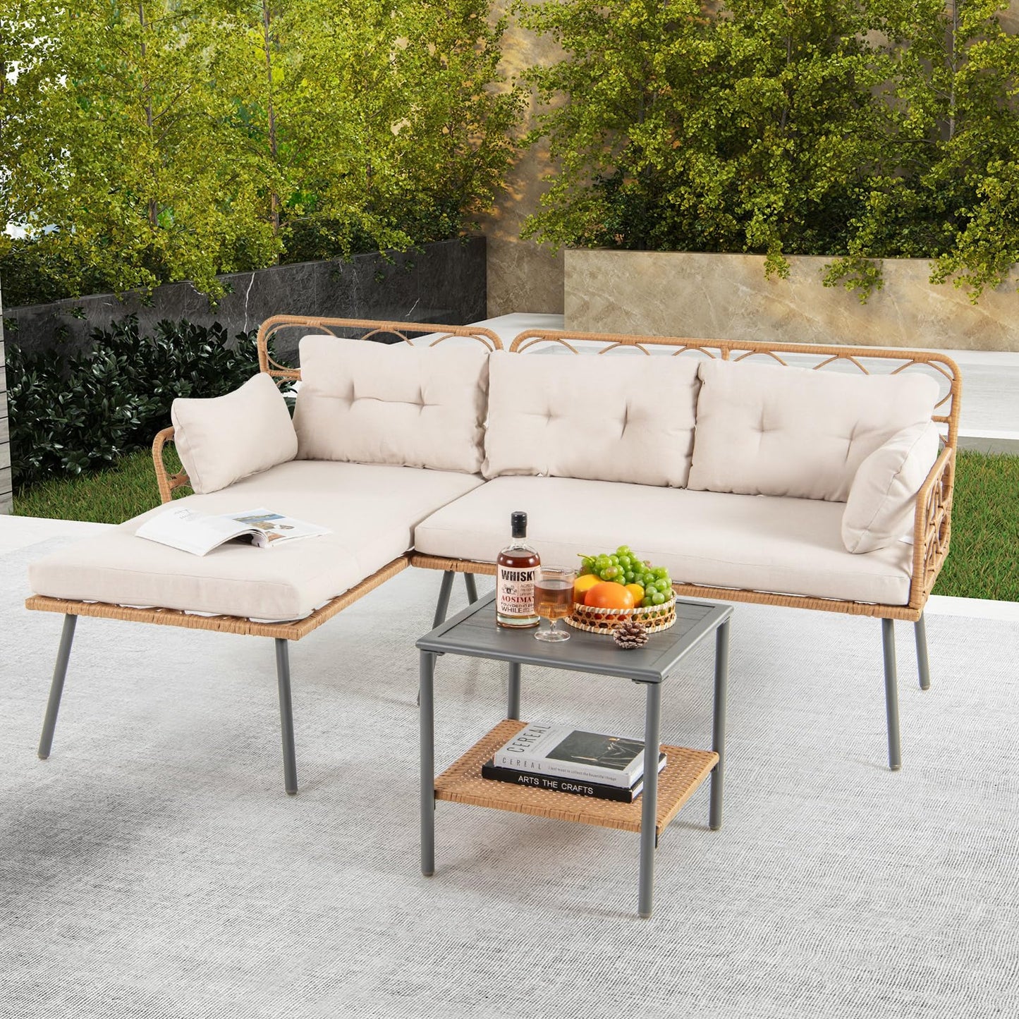 L Shaped Patio Conversation Set with Cushions & Coffee Table