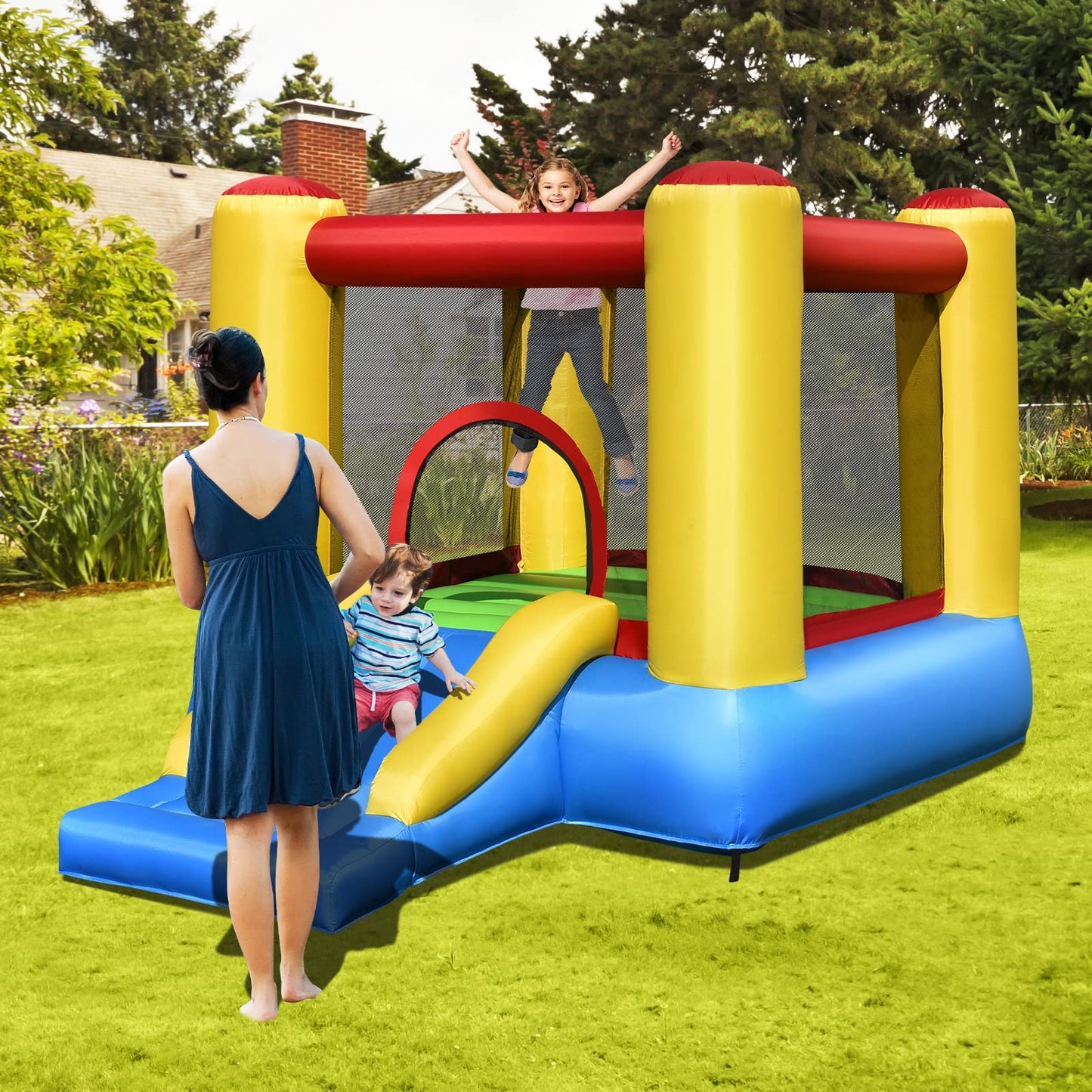 Inflatable Bounce House with Slide and Carrying Bag without Blower
