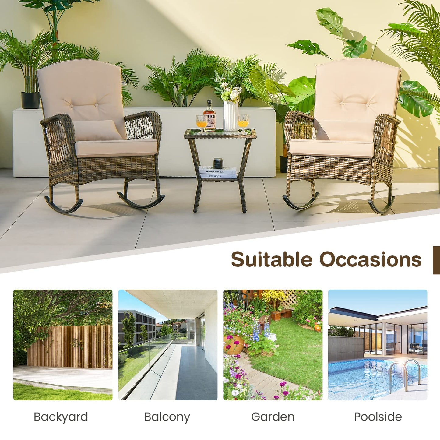 Outdoor Rocking Chairs and Table Set with Cushions and Pillows