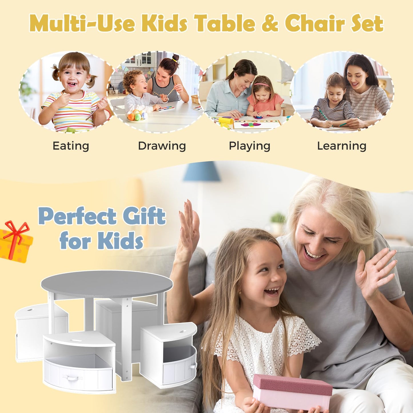 5 Piece Kids Table and Chair Set Round for 4 with 4 Fabric Drawers