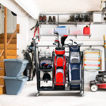 Double Golf Bag Storage Rack for Garage with Lockable Universal Wheels