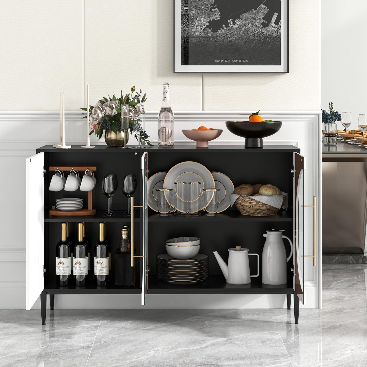 Wooden Storage Cabinet with 3 Doors for Dining Living Room
