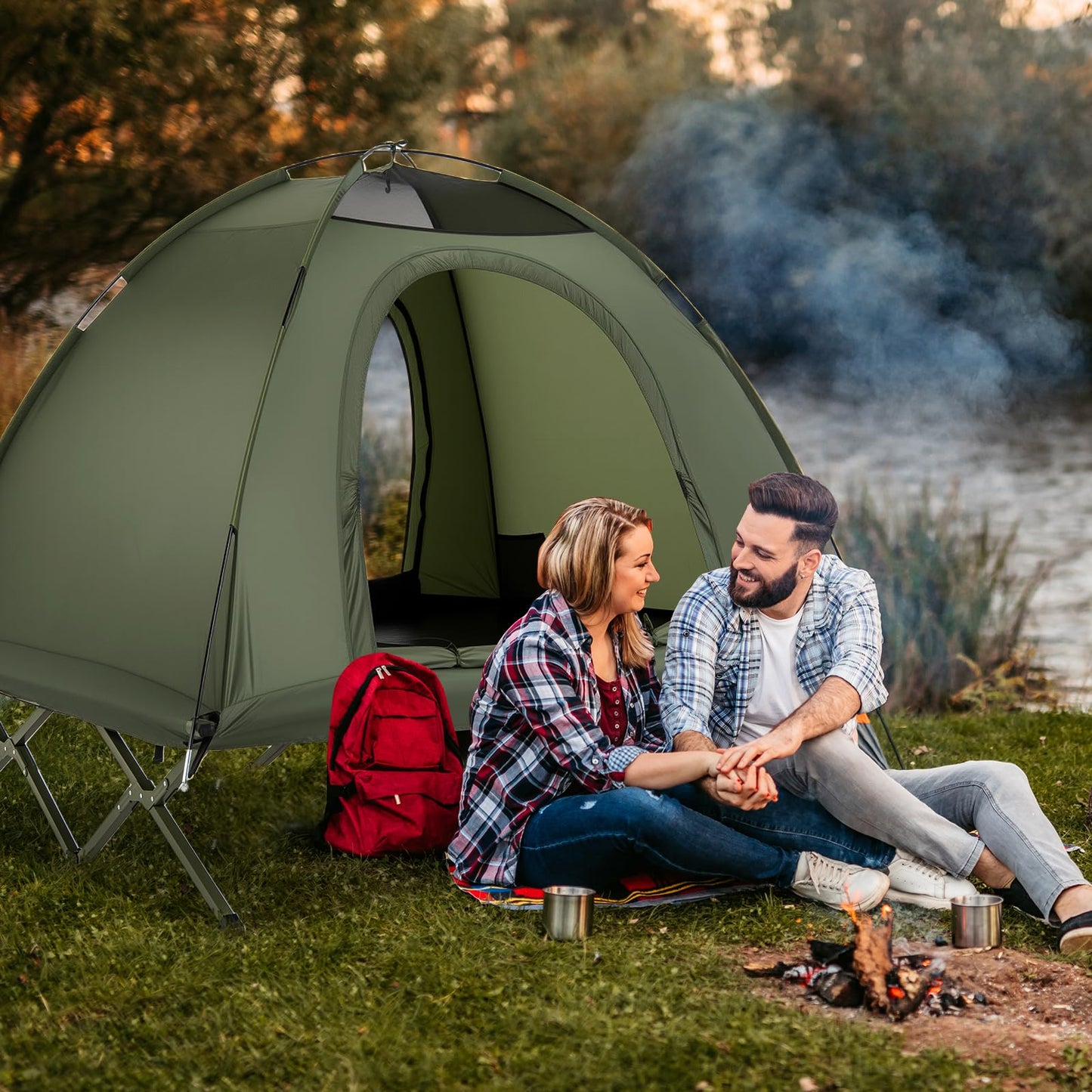 2-Person Camping Cot Tent Foldable Off-Ground Camping Combo for Adults