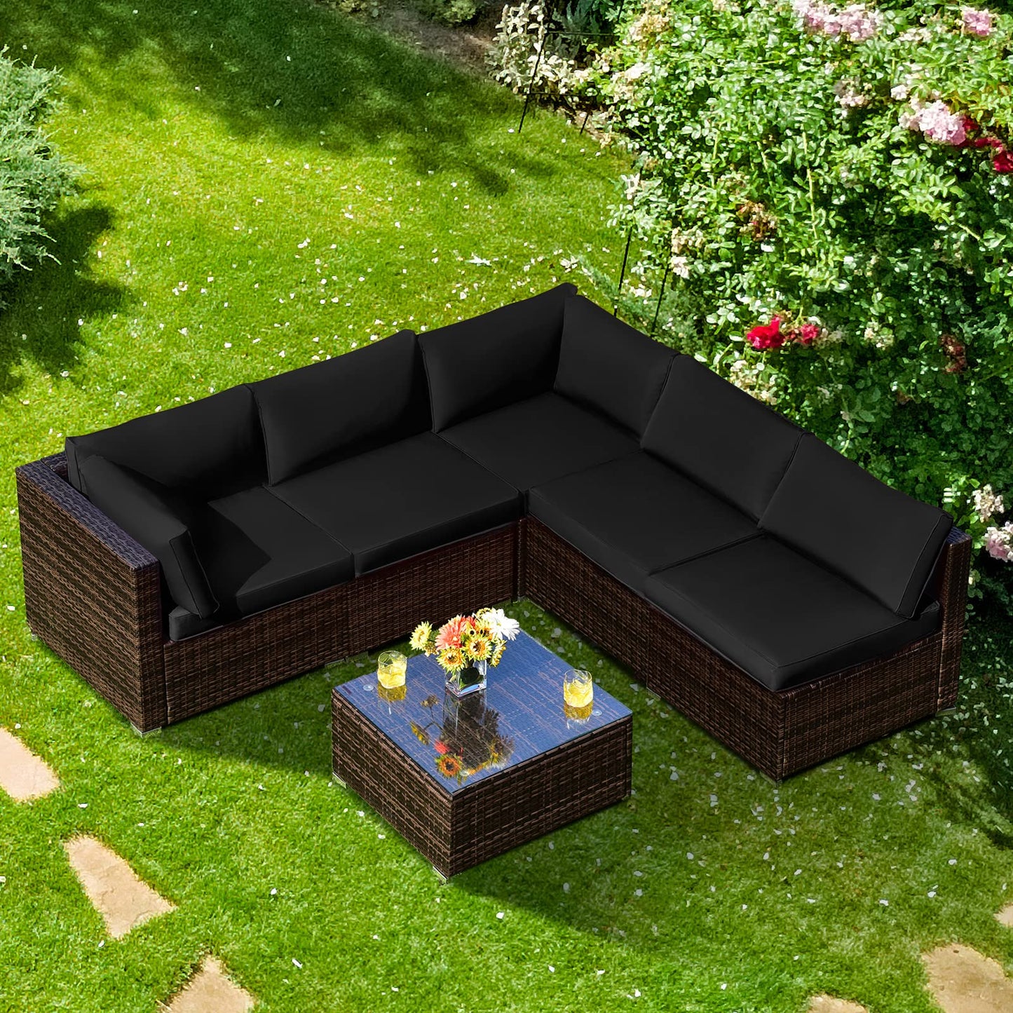 6 PCS Corner Patio Conversation Sofa Set with Tempered Glass Table and Cushions