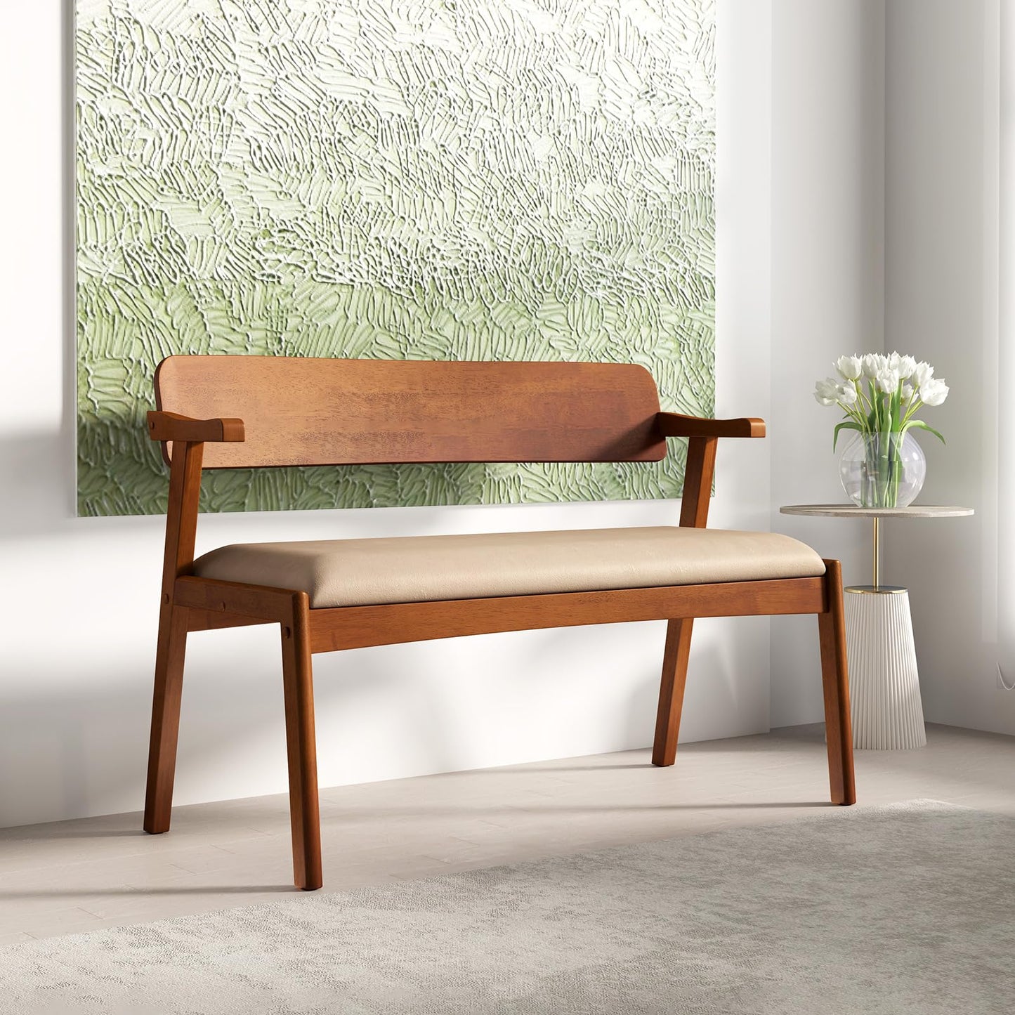 2 Seat Rubber Wood Bench with Padded Seat and Ergonomic Backrest