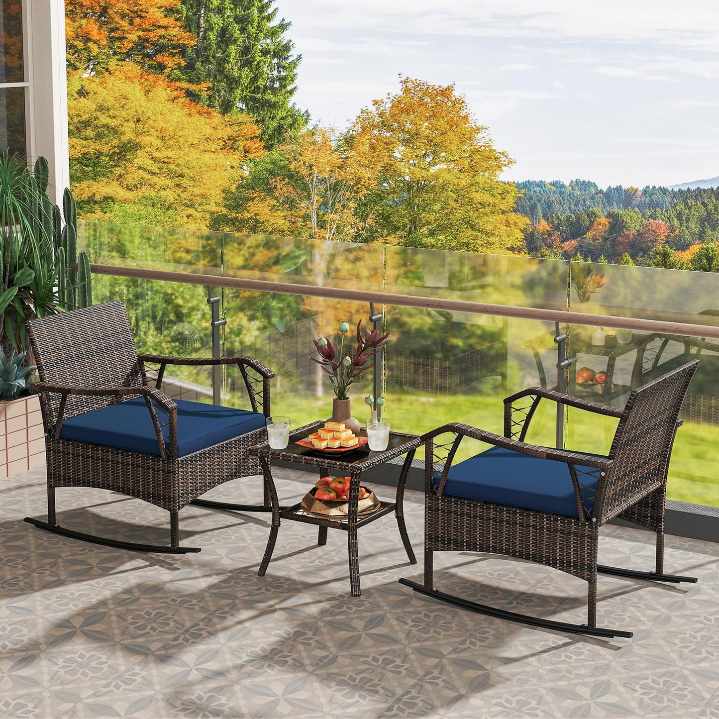 3 PCS PE Rattan Garden Rocking Bistro Set with Tempered Glass Coffee Table