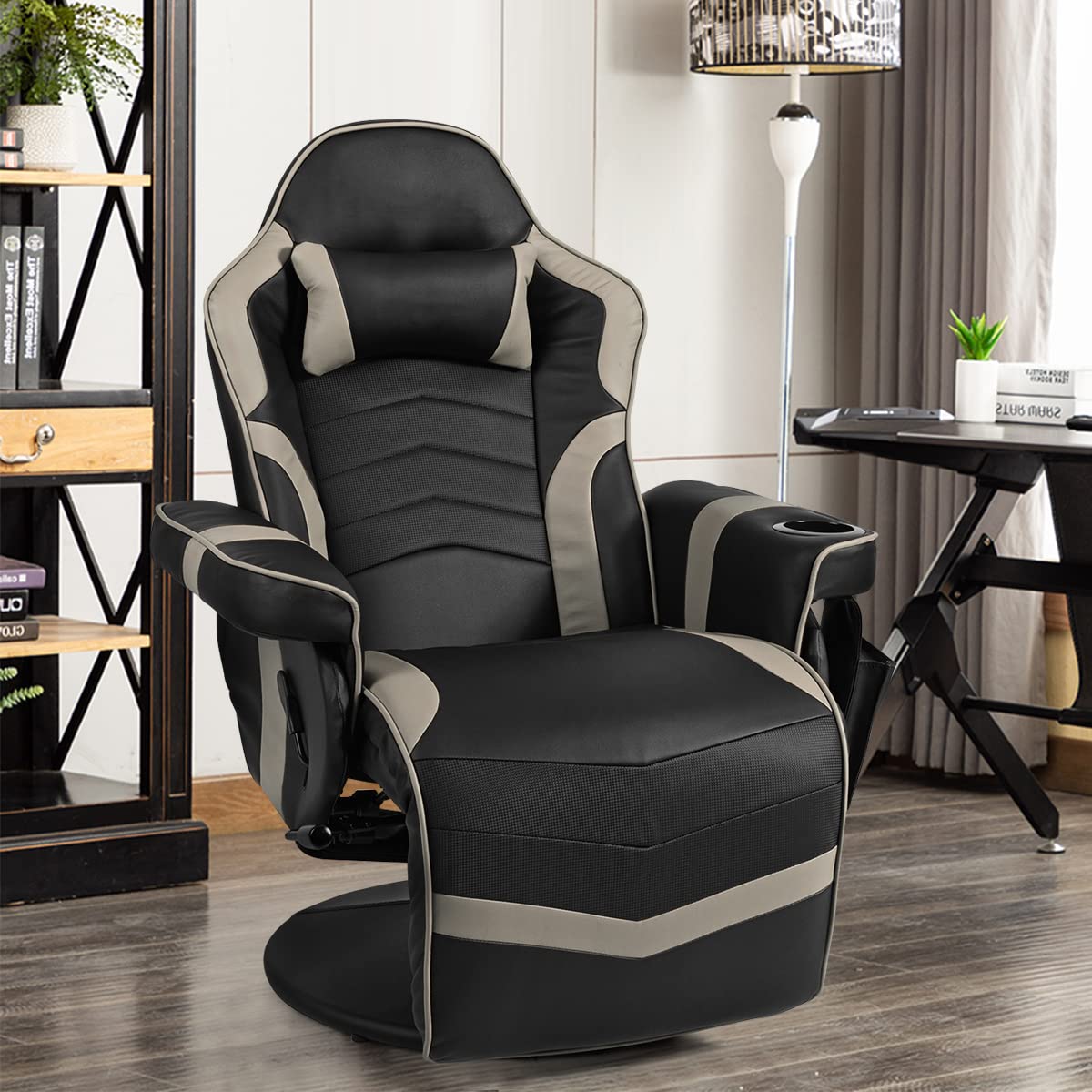 Height Adjustable Swivel Racing Video Massage Gaming Chair with Retractable Footrest