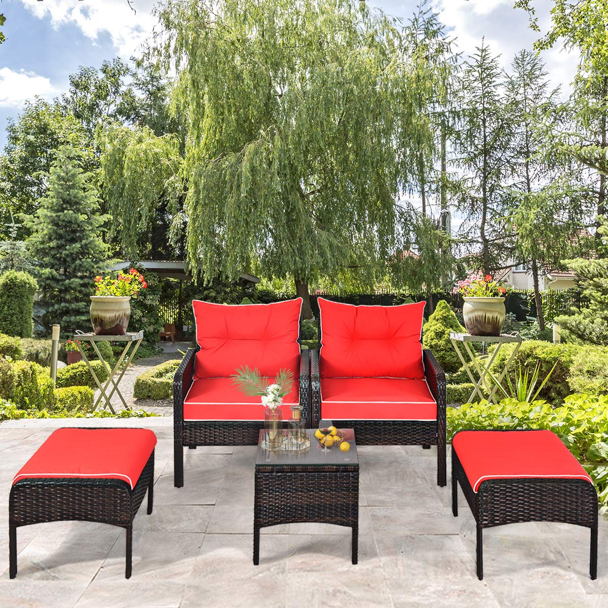 4-Seater Cushioned Sofa Chair with Glass Top Coffee Table and Footstool