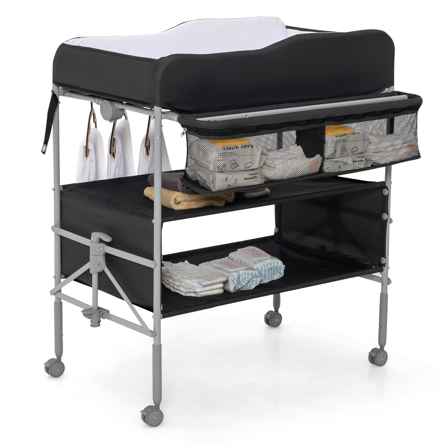 Baby Changing Table Folding Nursery Changing Station with 4 Lockable Wheels