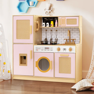 Wooden Kids Kitchen Playset with Real Sounds Lights Stove Water Dispenser