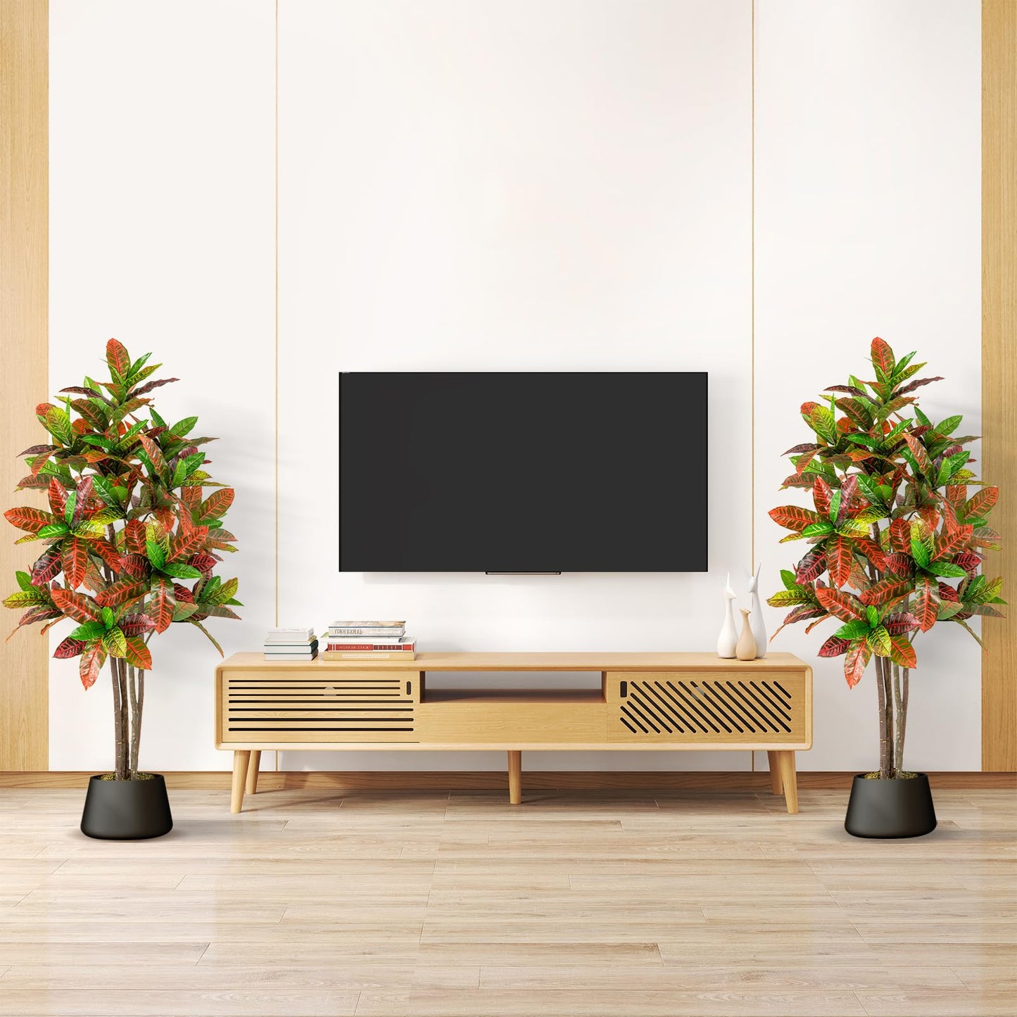 150cm Artificial Croton Plant with Multi colored PEVA Leaves and Solid Wood Trunk