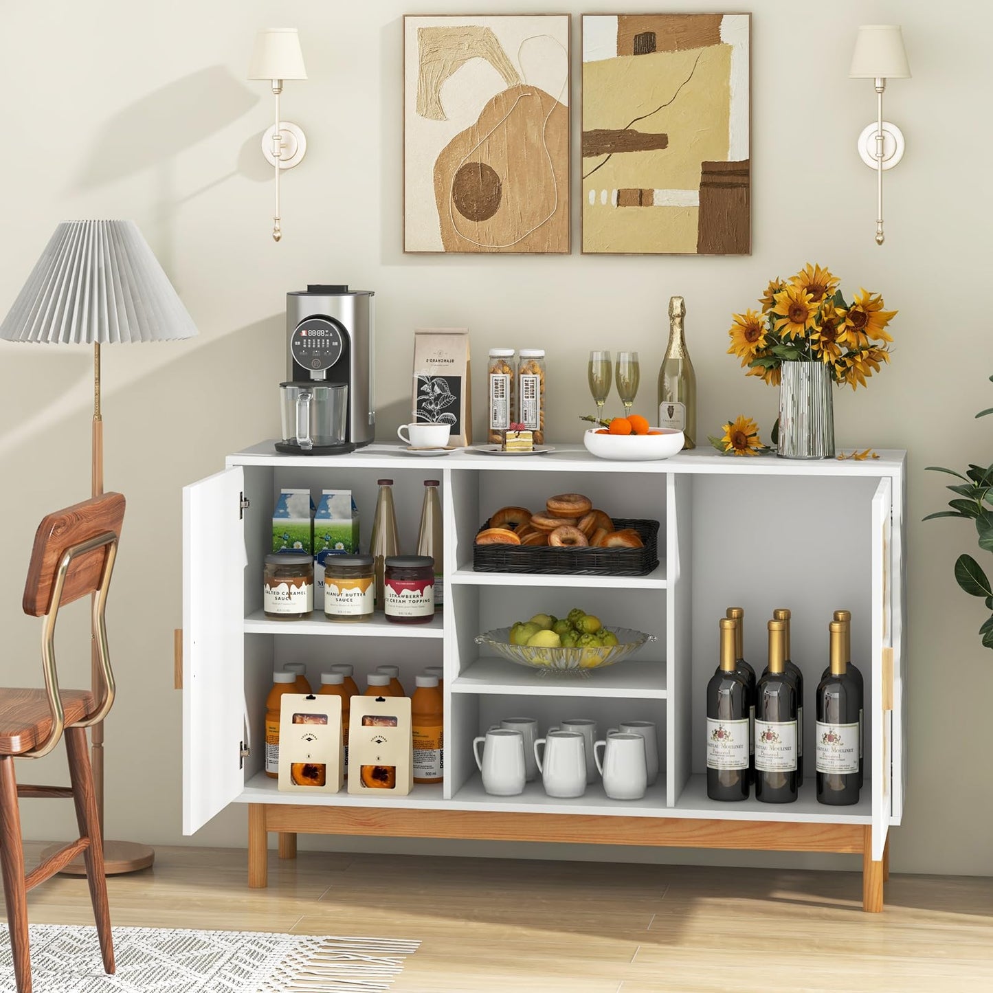 120 CM Sideboard Buffet Cabinet with 2 Bamboo Woven Doors and 3 Open Shelves