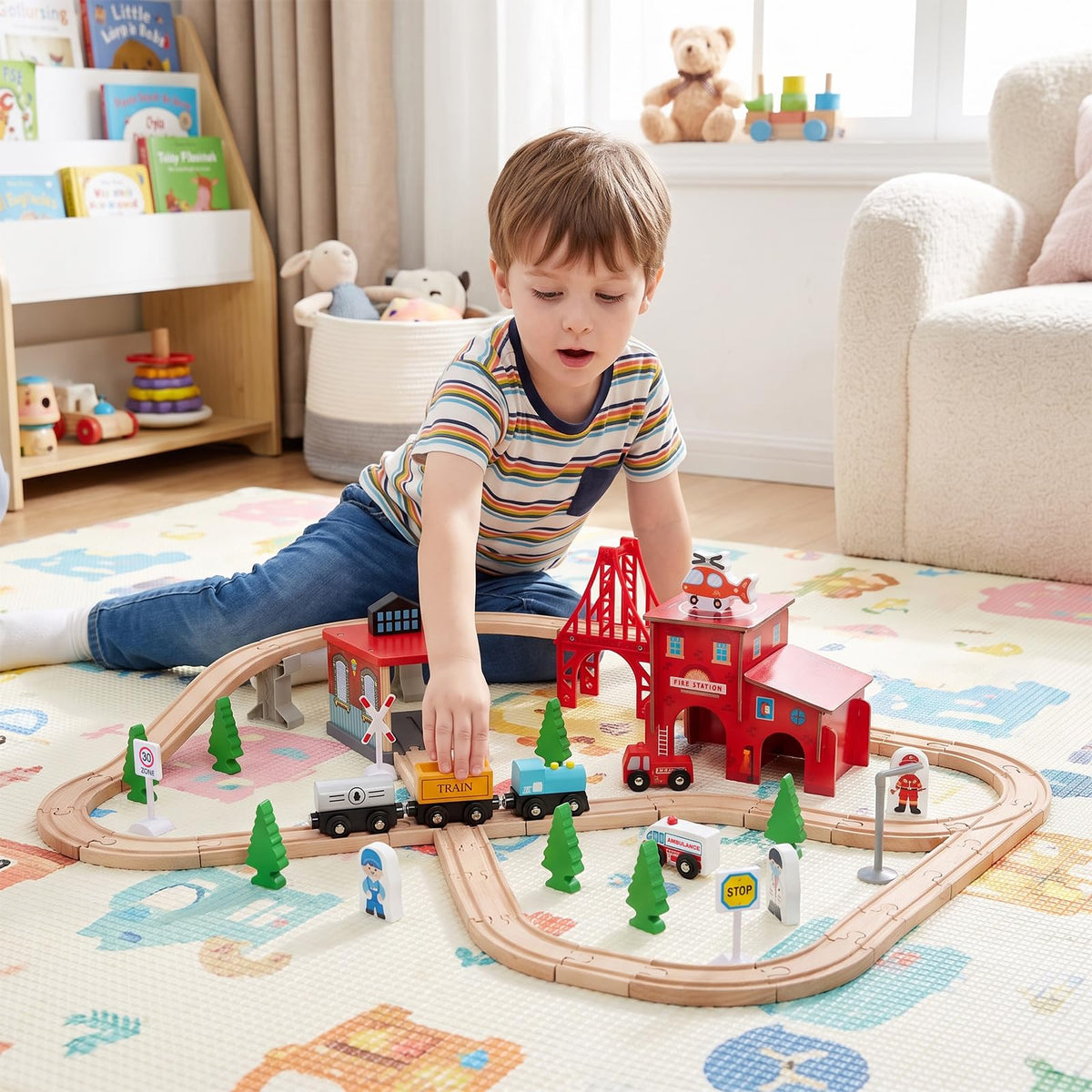 63-Piece Kids Train Table with Storage Drawer Reversible Tabletop and Train Tracks