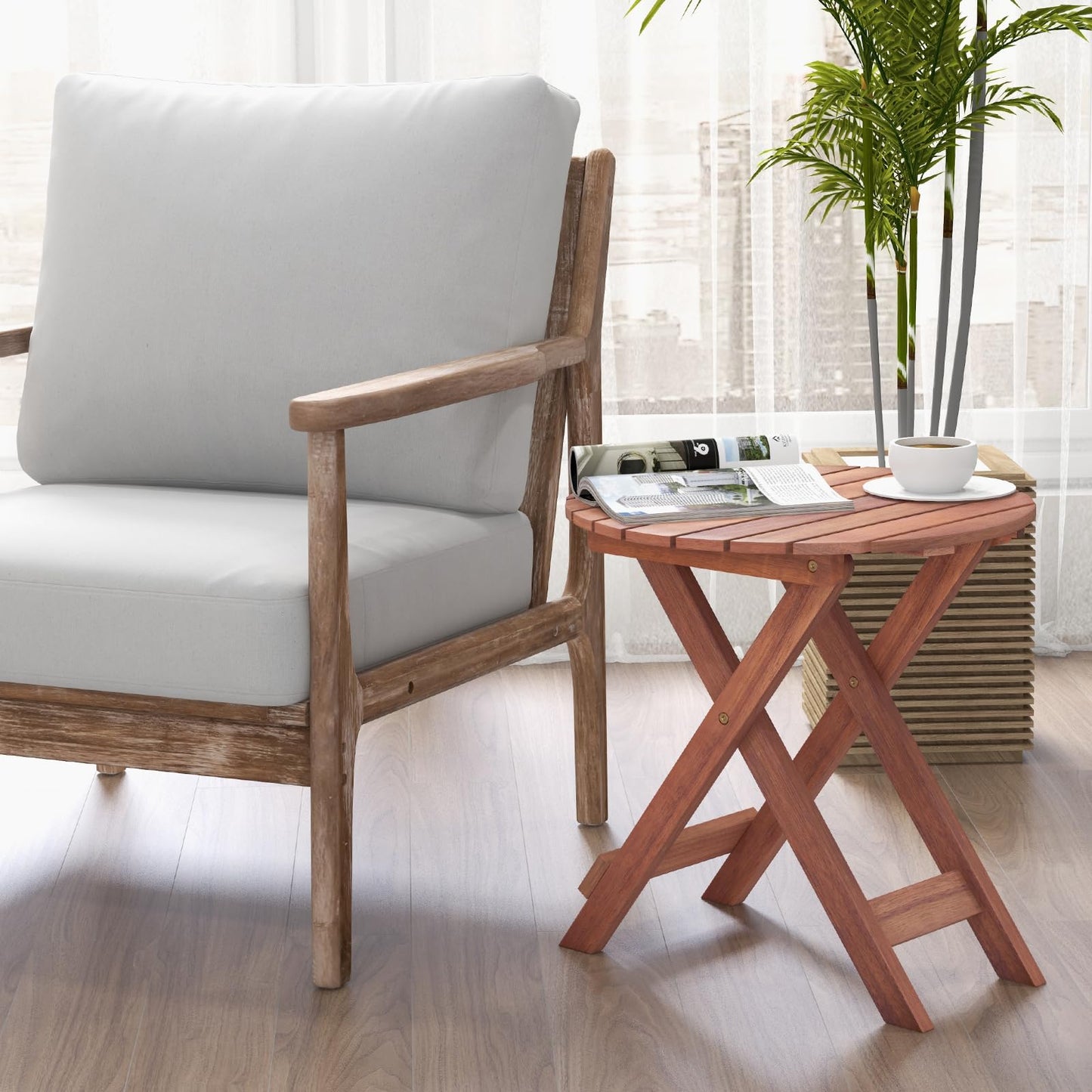 Folding Round Solid Acacia Wood Small Garden Coffee Table