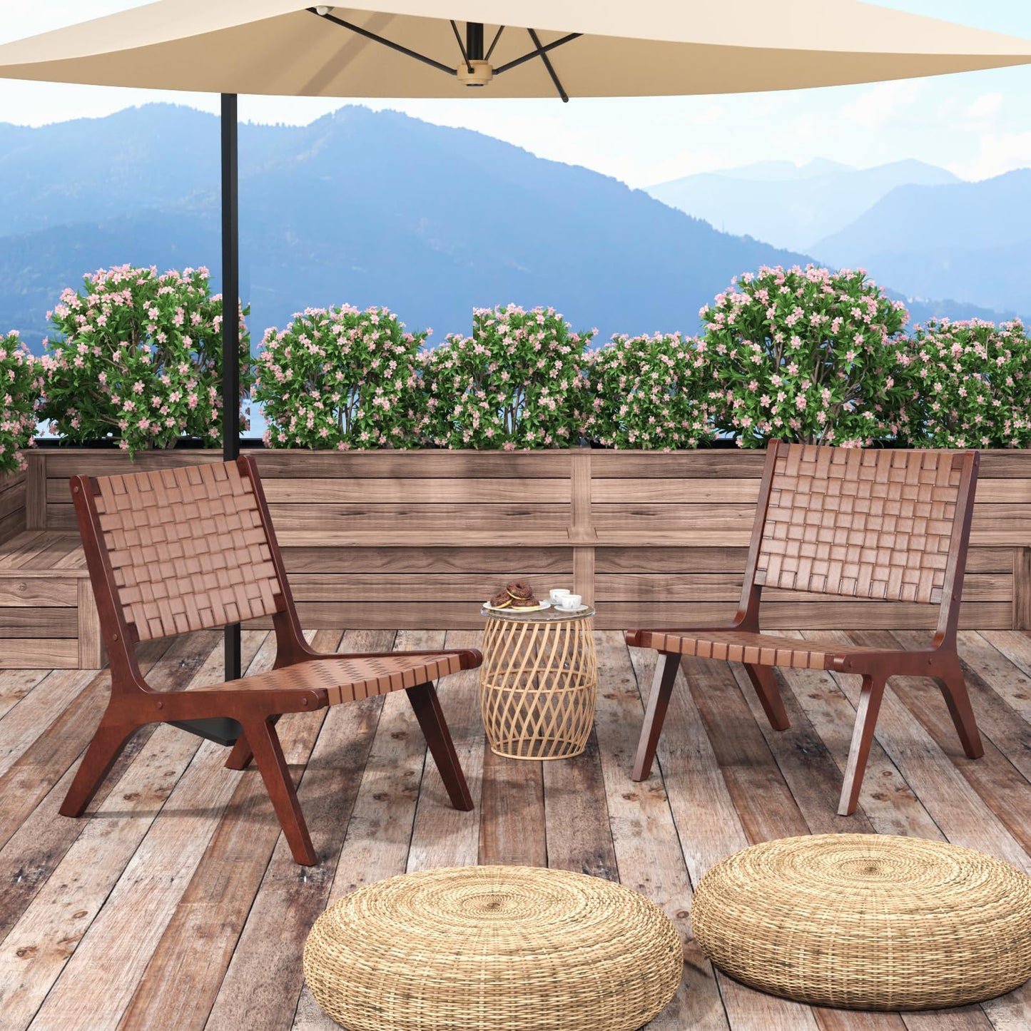 Set of 2 Woven Leather Accent Chairs with Wood Frame