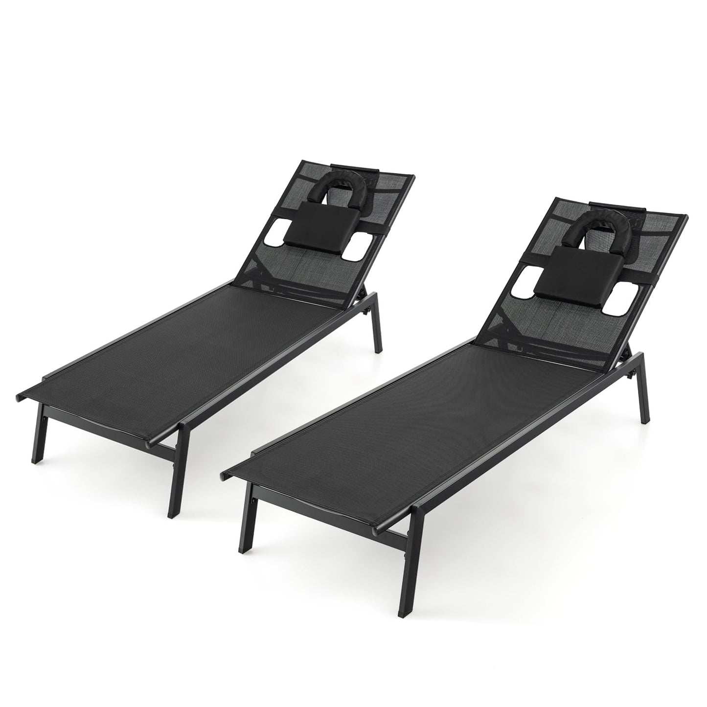 5 Positions Adjustable Chaise Lounge Deck Sunbed with Detachable Head Pillows