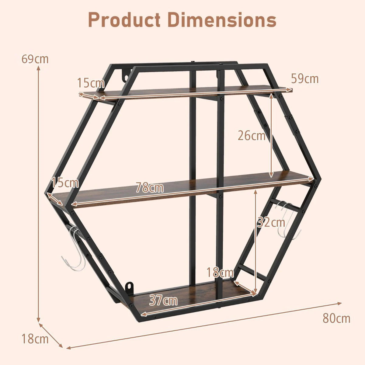 Industrial Hexagon Shelves for Wall 3-Tier Decorative Floating Wall Shelves with Hooks