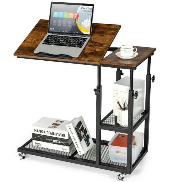 Height Adjustable Mobile Overbed Table with Wheels and Storage Shelves