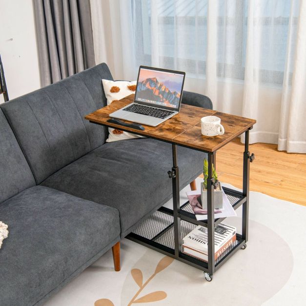 Height Adjustable Mobile Overbed Table with Wheels and Storage Shelves