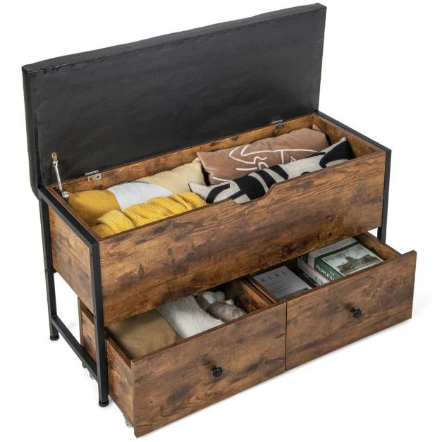 Storage Ottoman Bench with Padded Seat Cushion and 2 Drawers