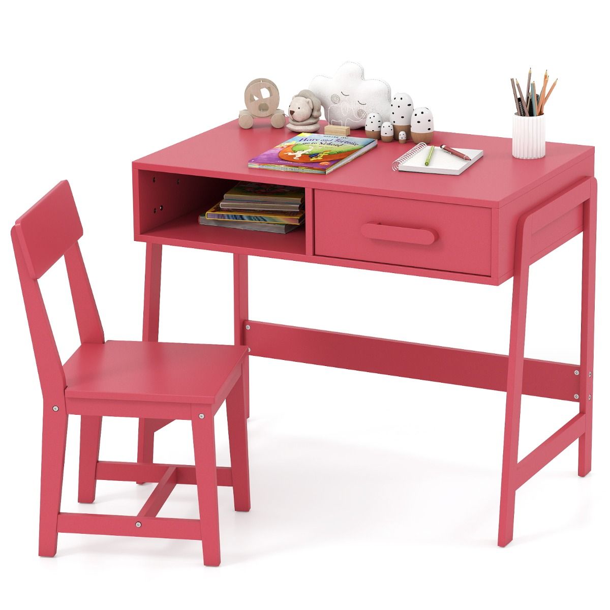 Kids Desk and Chair Set with Drawer and Pine Wood Legs