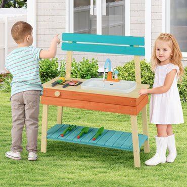 Kids Play Kitchen Set Wooden Kitchen Playset with Cooking & Gardening Accessories