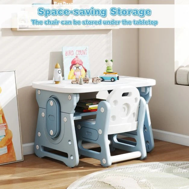 Kids Table and Chair Set with Tiltable Whiteboard and Book Stand