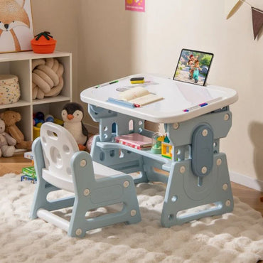Kids Table and Chair Set with Tiltable Whiteboard and Book Stand