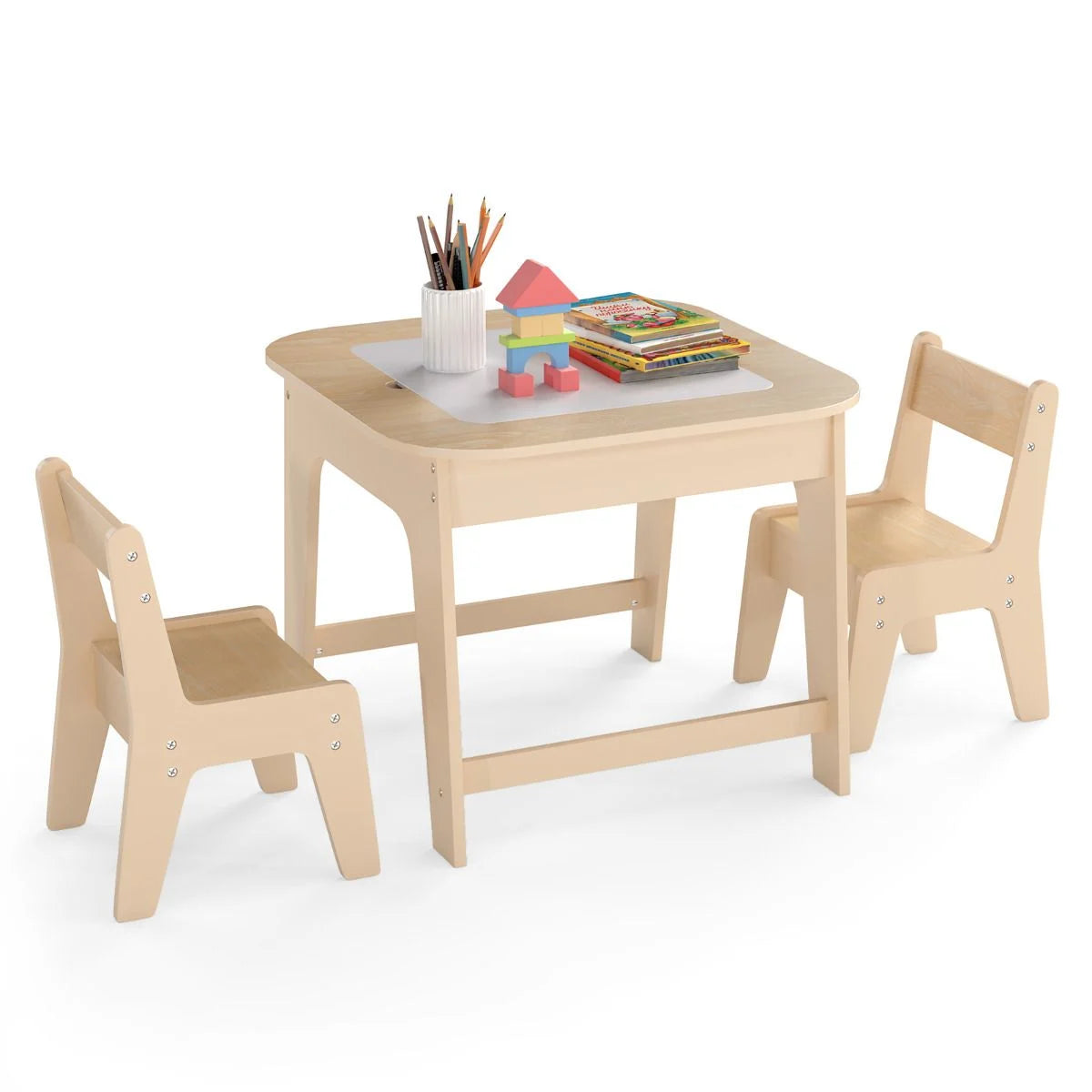 Kids Table and Chairs Set, Wooden Toddler Activity Table Set with Double-Sided Tabletop and Hidden Storage