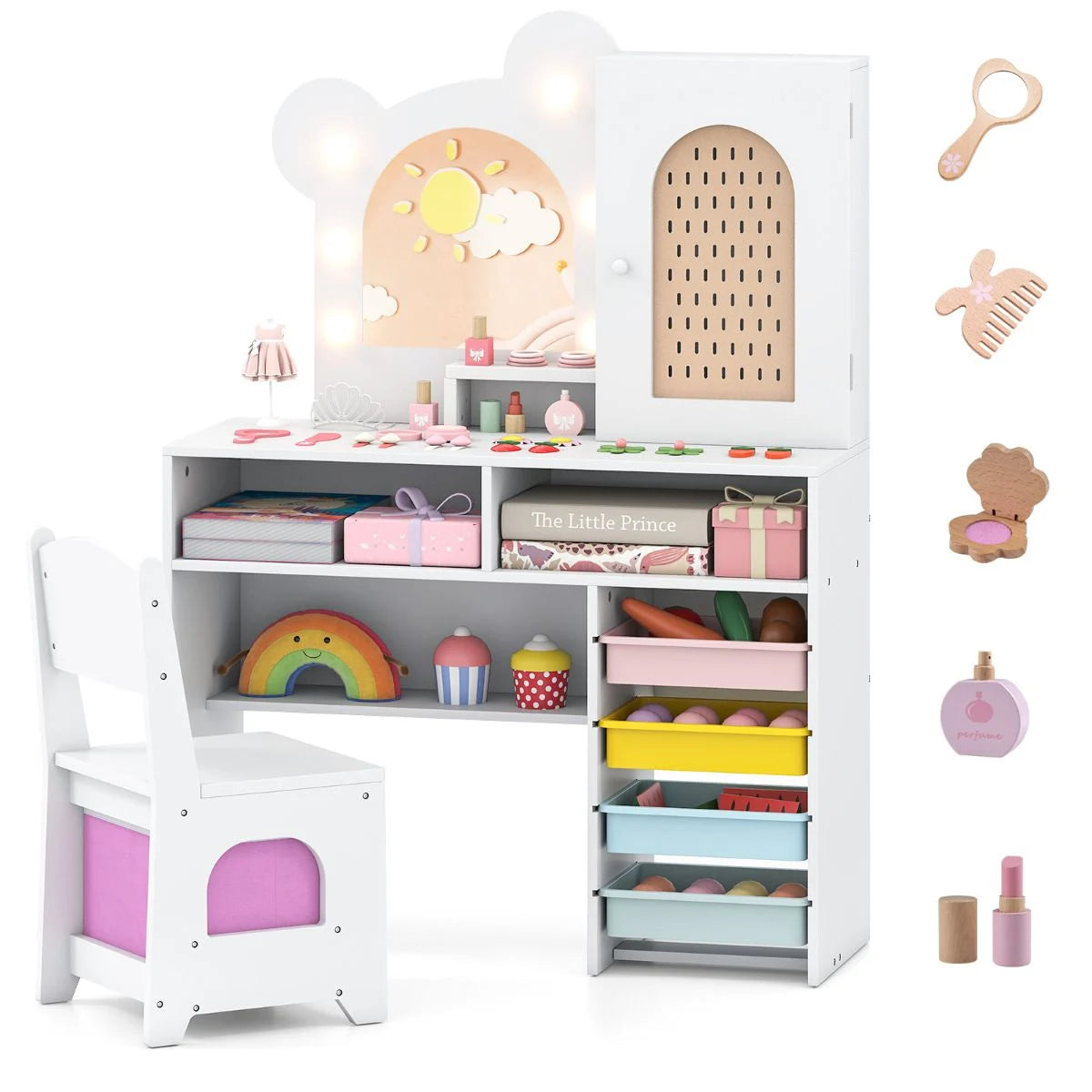 Kids Vanity with Lights Princess Vanity Table and Chair Set with 5 Drawers and 2 Compartments
