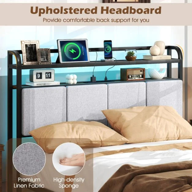 King Size Double Size Bed Frame with LED Light and Charging Station