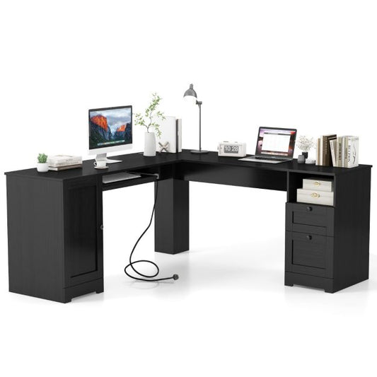 L-shaped Computer Desk with Power Outlets and 2 Storage Drawers