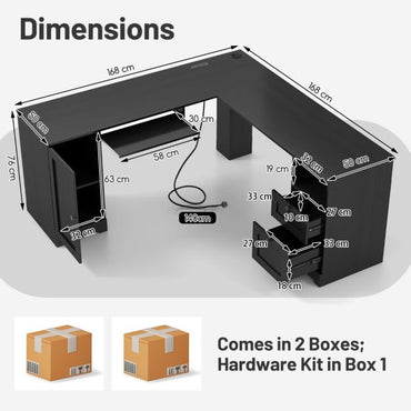 L-shaped Computer Desk with Power Outlets and 2 Storage Drawers