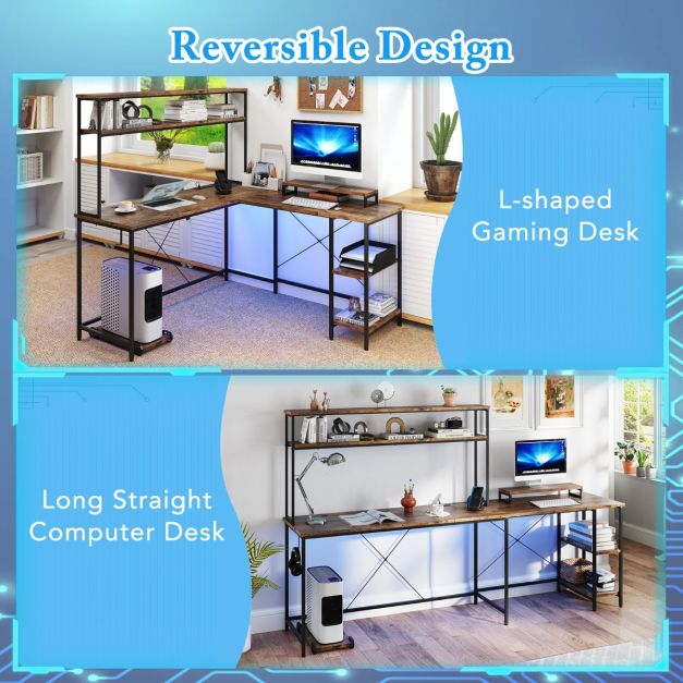 L-Shaped Gaming Desk with LED Strip and Power Outlets