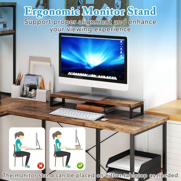 L-Shaped Gaming Desk with LED Strip and Power Outlets