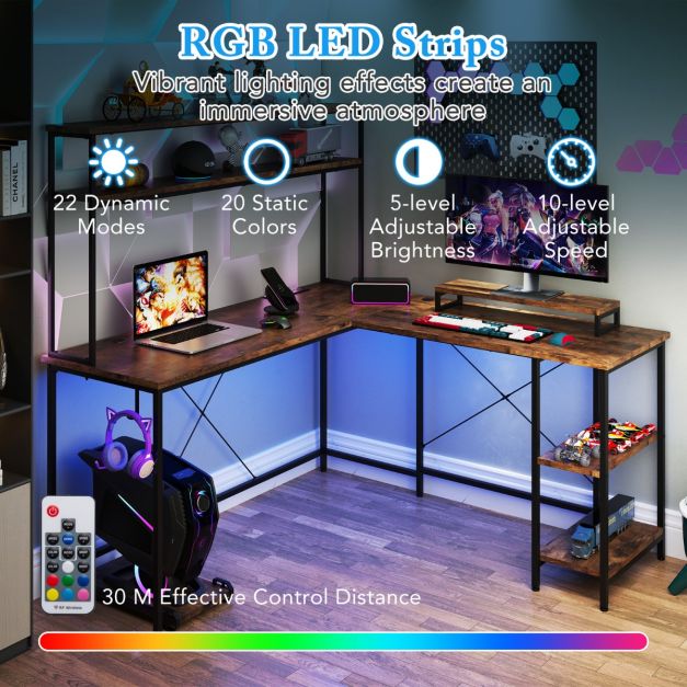 L-Shaped Gaming Desk with LED Strip and Power Outlets