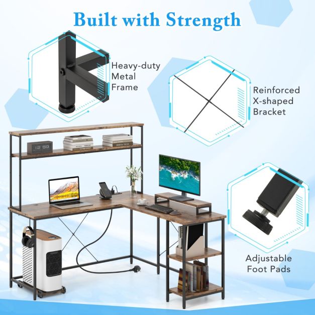 L-Shaped Gaming Desk with LED Strip and Power Outlets